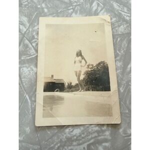 Vintage 1940s 1950s Snapshot Photo Woman in White Swimsuit Poolside Cabin B&W